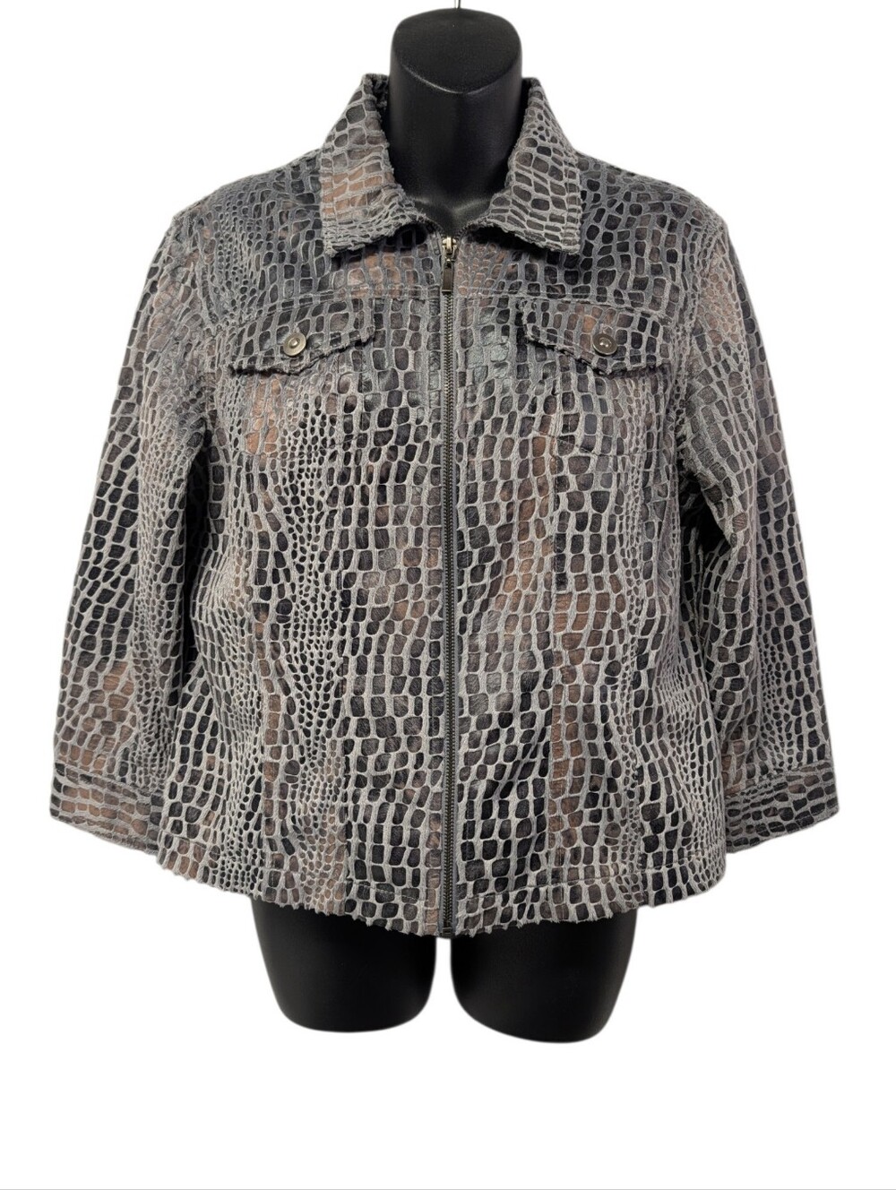 Ruby Rd. Womens Animal Print Gray Black Faux Fur/Leather Zip Jacket Pockets 12